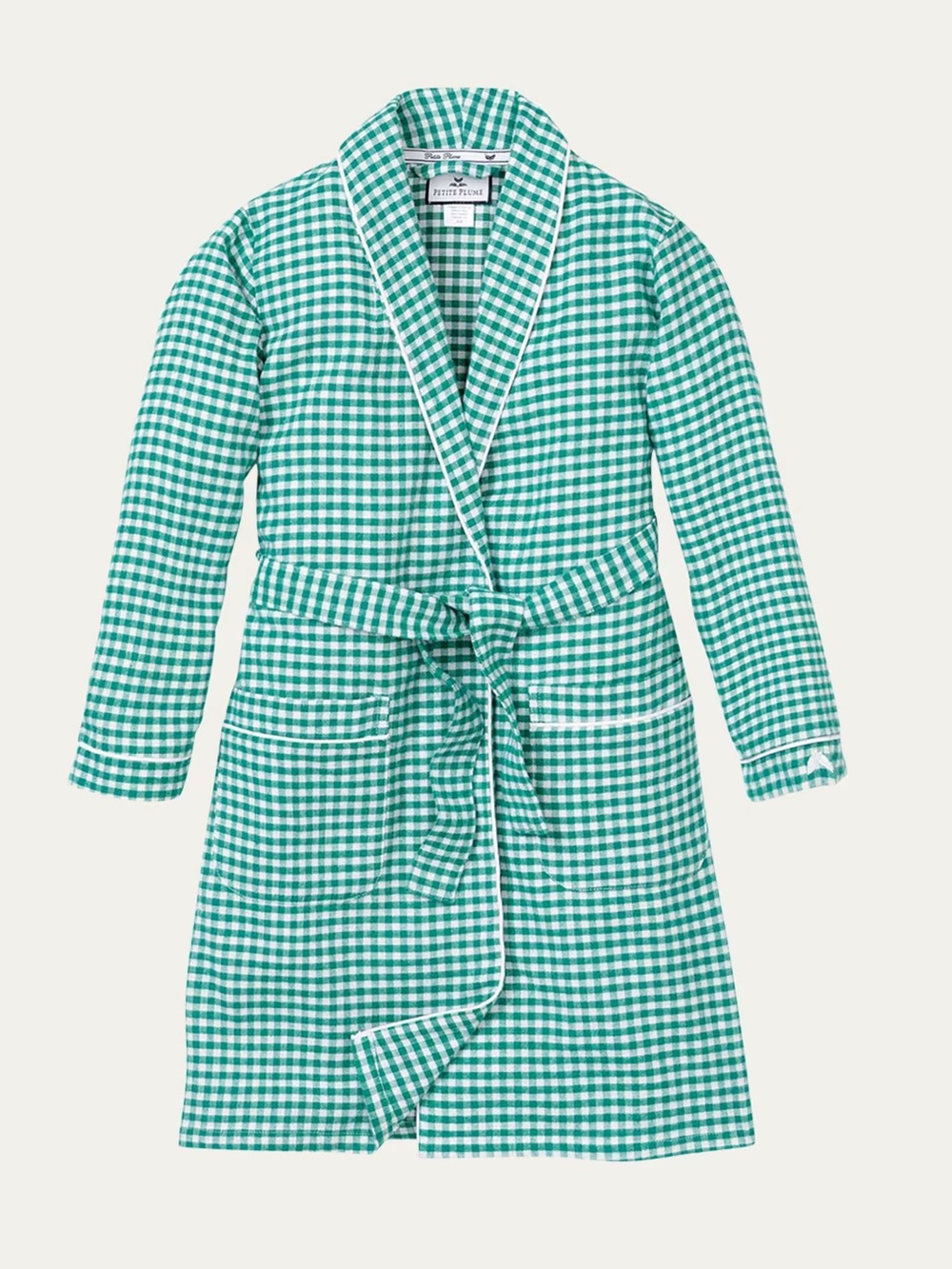 petite plume kids twill bathrobe green white gingham 3/4 robe pajamas